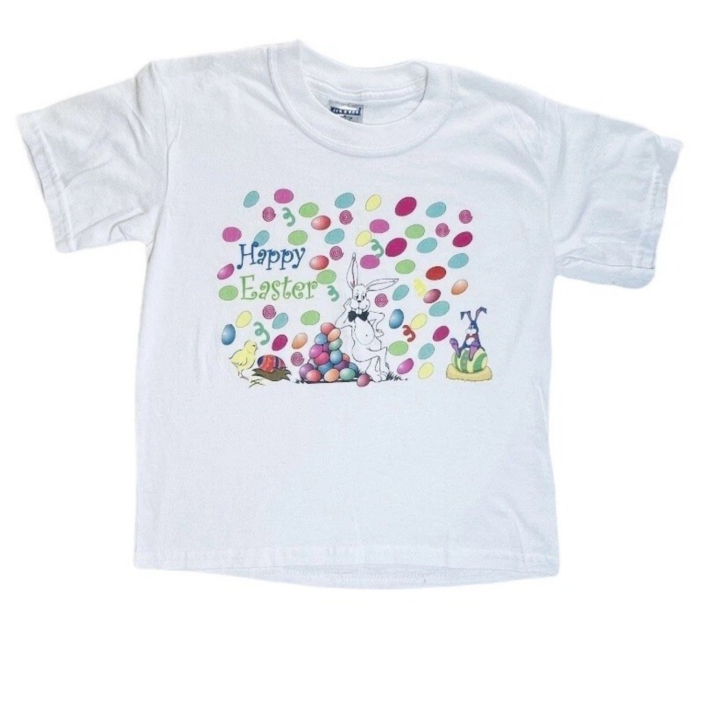 Jerzees Girl's White Short Sleeve Happy Easter T-Shirt Bunny Size Child 6-8